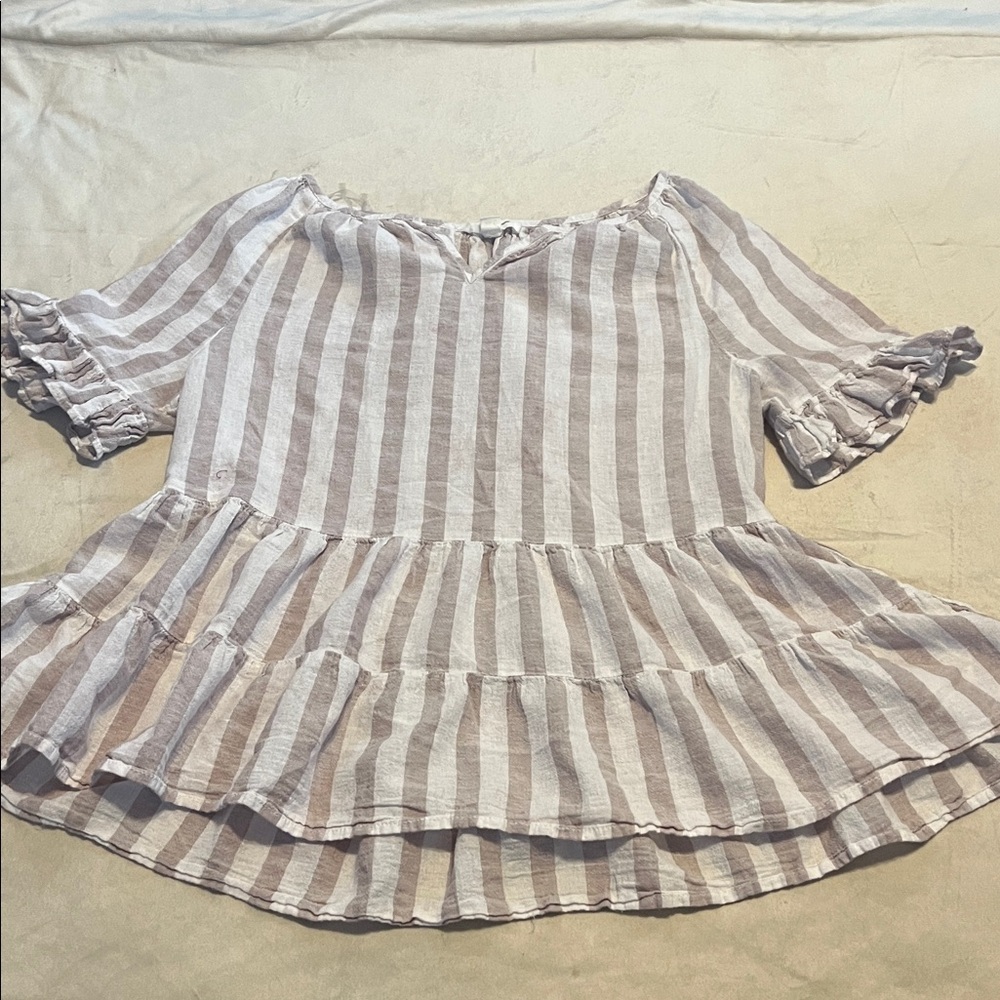 Striped brown and white linen Ruffle  Women's Top